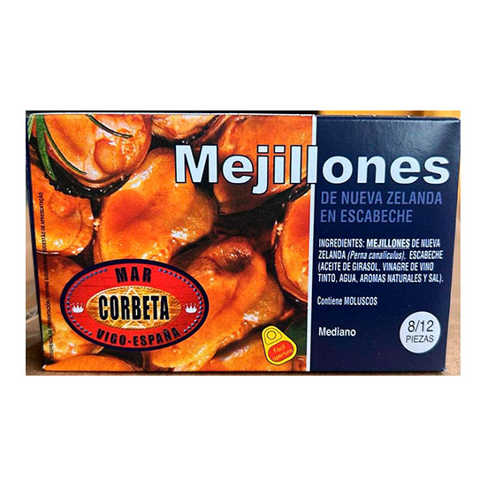 MEJILLONES ESCABECHE NUEVA ZELANDA FRITOS LATA OL120 CORBETA 69G ESCURR