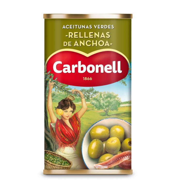 ACEITUNAS VERDES RELLENAS ANCHOA LATA CARBONELL 150G ESCURR